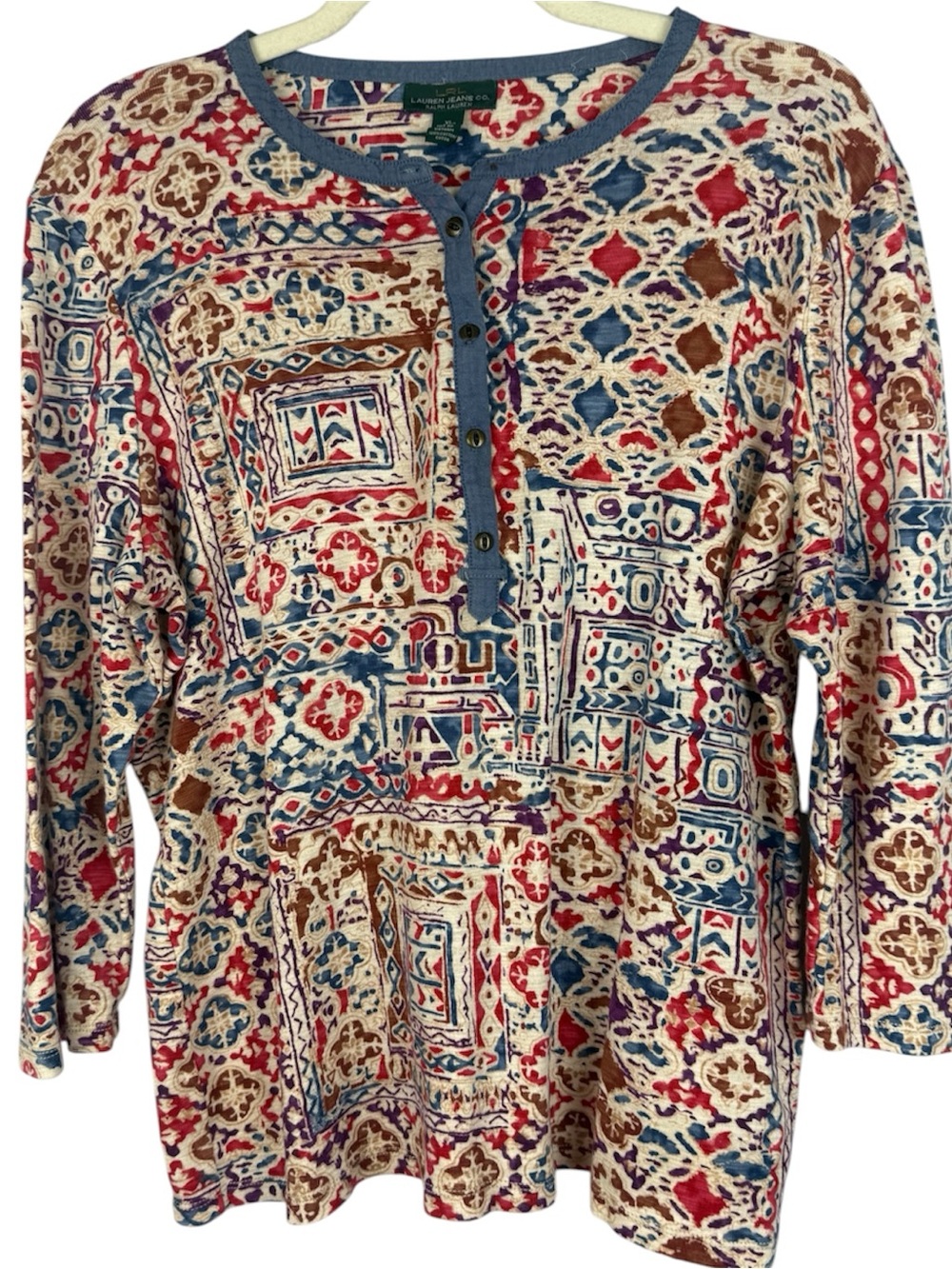 LRL Lauren Jeans Co Ralph Lauren Vintage Geometric Tribal Print Henley Shirt XL